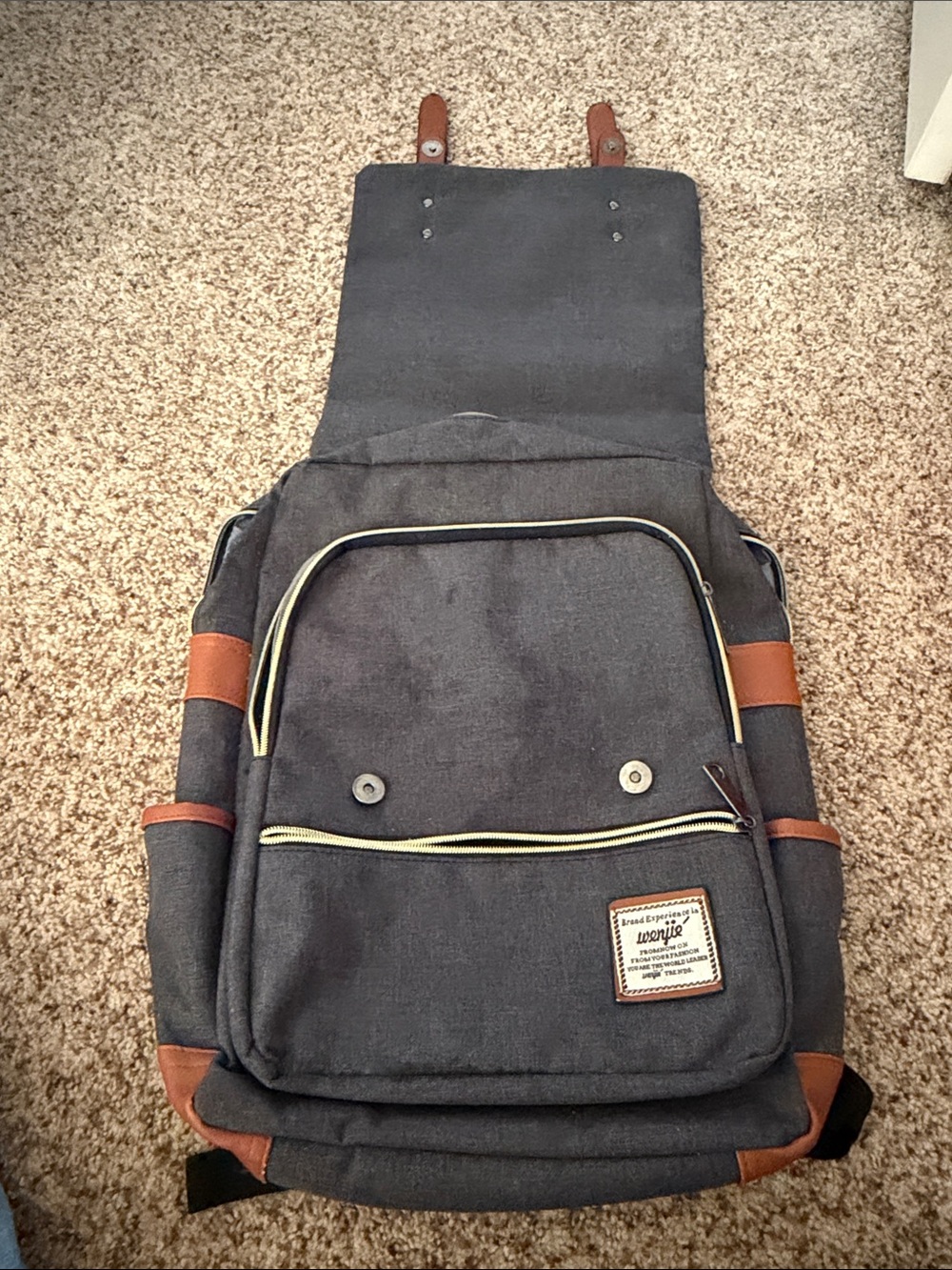 Canvas Travel Backpack with Brown Accents - Classic Dark Gray